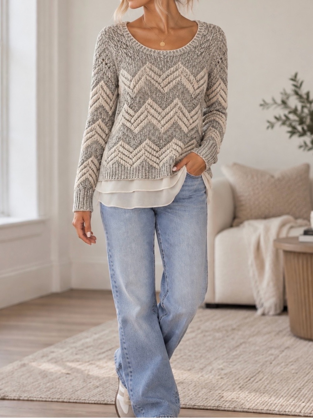 Lucky Brand Cream Gray Chevron Open Knit Layered Sweater Top (M)